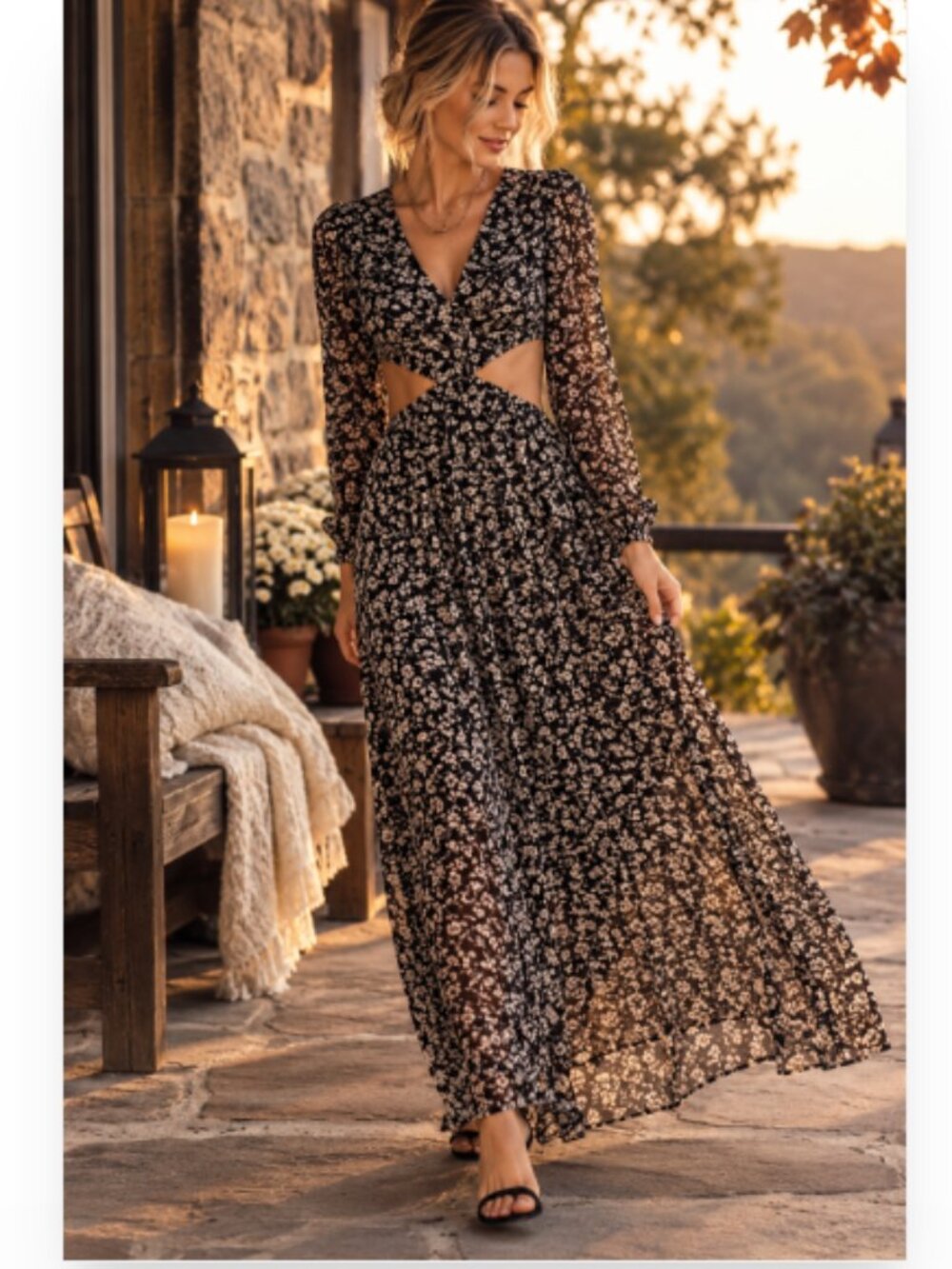 Skies Are Blue Lori Floral Chiffon Cutout Maxi Dress Black XS